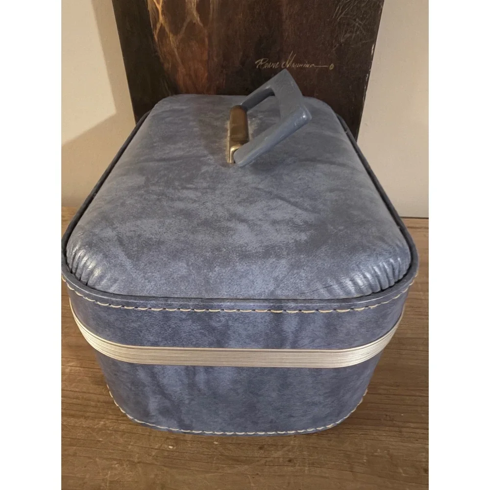 Vintage Blue Faux Leather Train Case Vanity Makeup‎ Travel Bag with Mirror